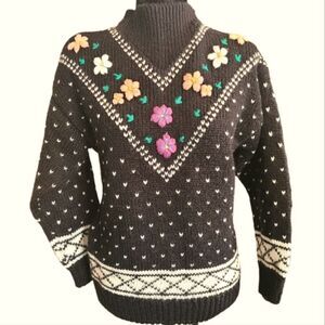 PACIFIC COAST HIGHWAY Sweater Crewel Embroidered Black Colorful size S/P